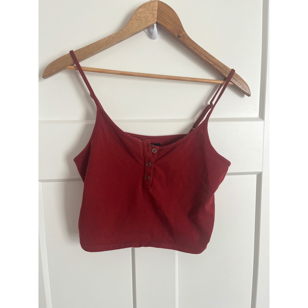 Forever 21 Women Red Henley Cropped Cami Tank Top Size Large Adjustable Straps